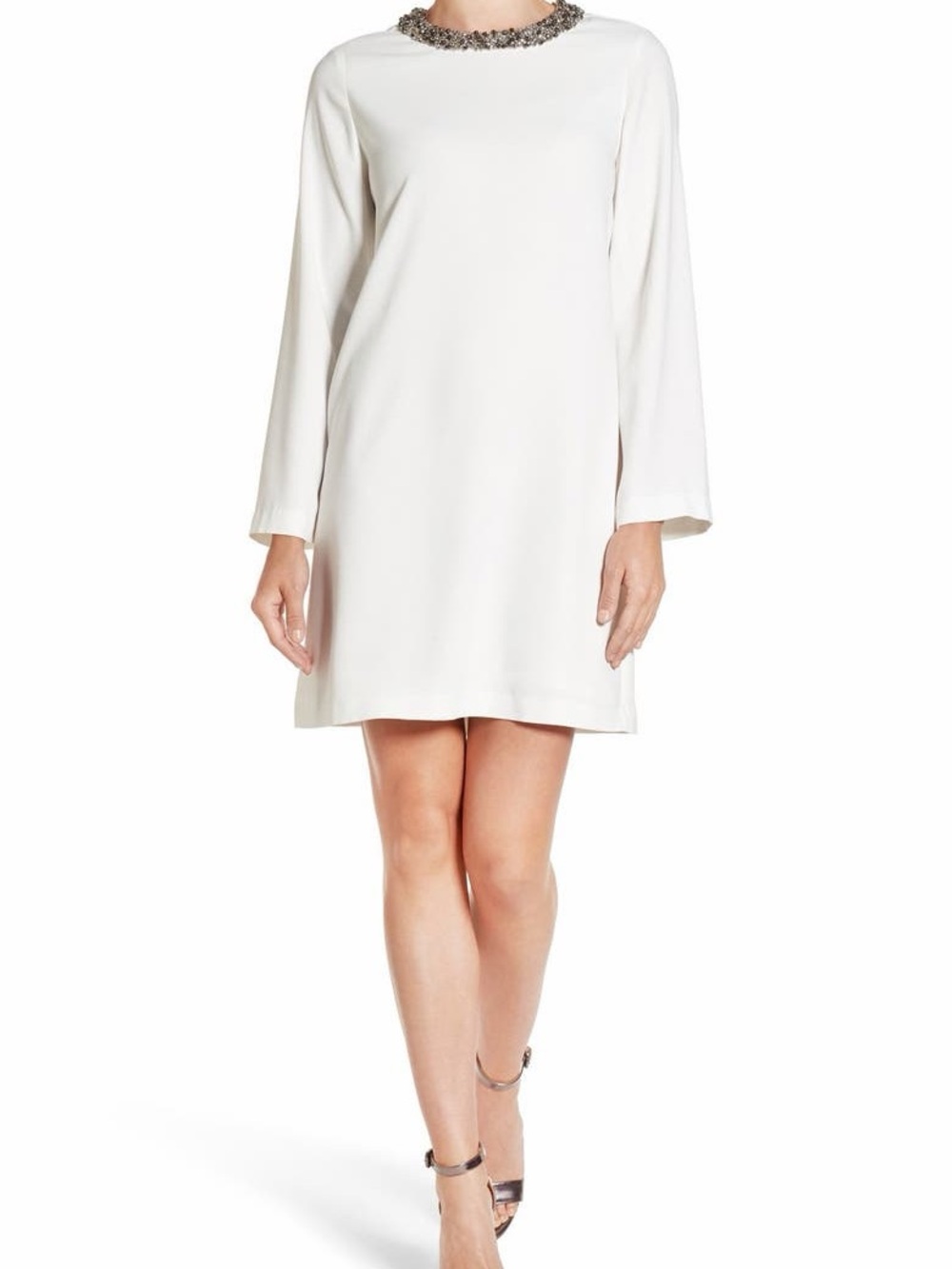 Halogen White Long-Sleeve Shift Dress with Embellished Neckline